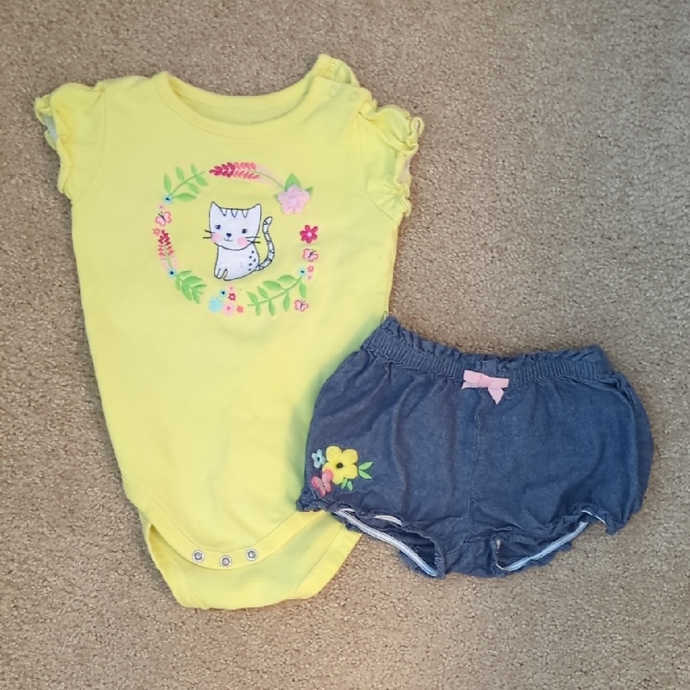 Gymboree Yellow Cat Onesie with Blue Floral Shorts